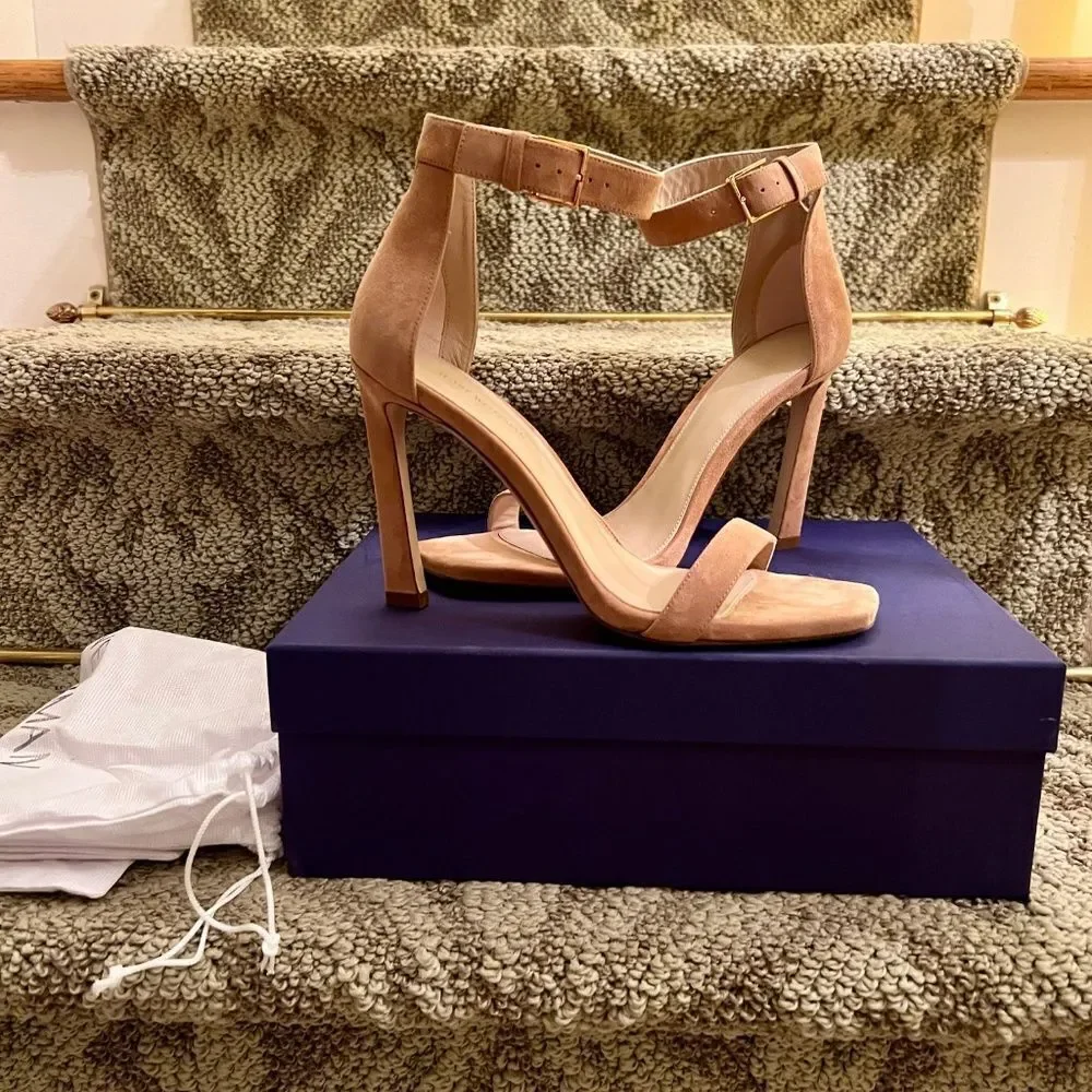 NWB Stuart Weitzman 100 Square Nudist Nude Suede Heels Sandals Shoes 8.5 M